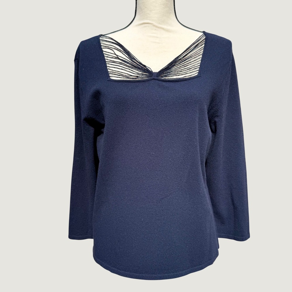Dana Buchman Navy Blue Caged Neckline Knit Top Long Sleeve Sweater XL